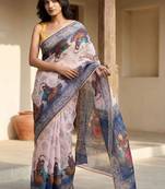 Off white linen printed saree with blouse