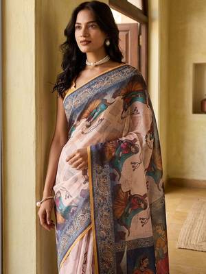 Off white linen printed saree with blouse 2
