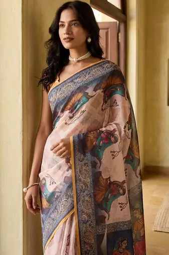 Off white linen printed saree with blouse