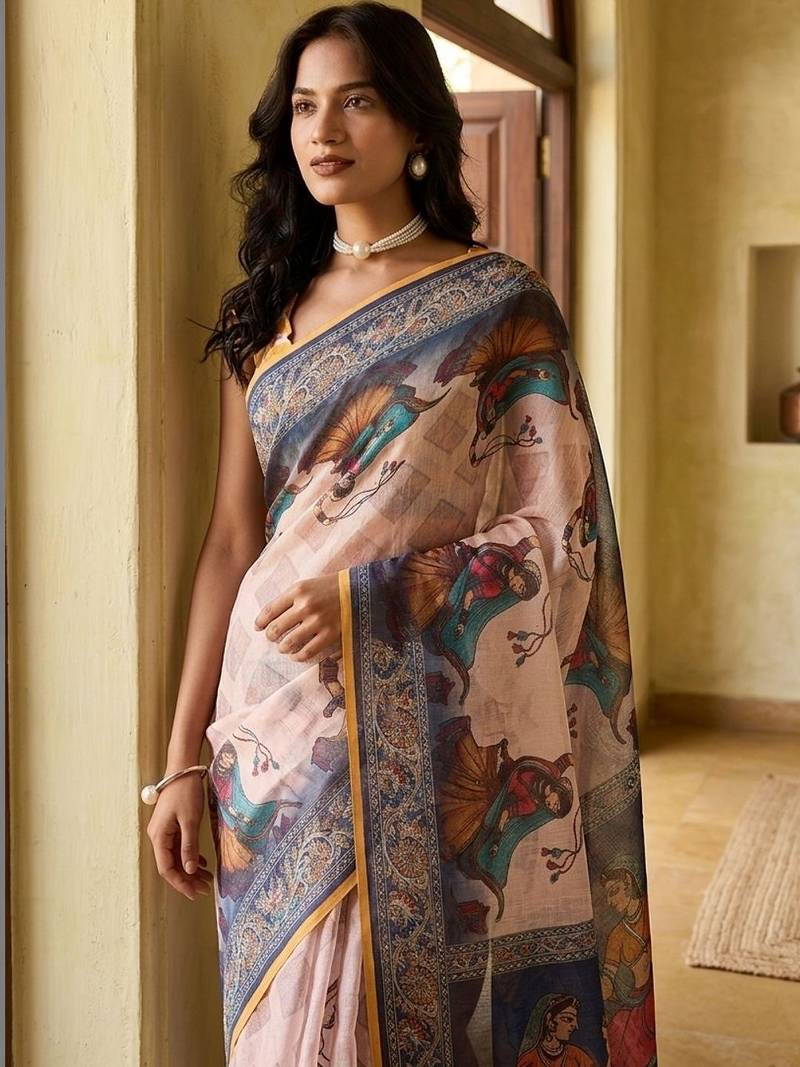 Off white linen printed saree with blouse