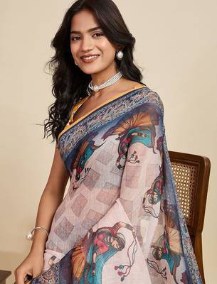 Off white linen printed saree with blouse 3