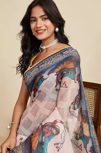 Off white linen printed saree with blouse
