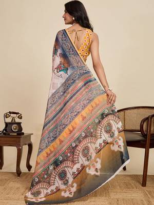 Off white linen printed saree with blouse 5