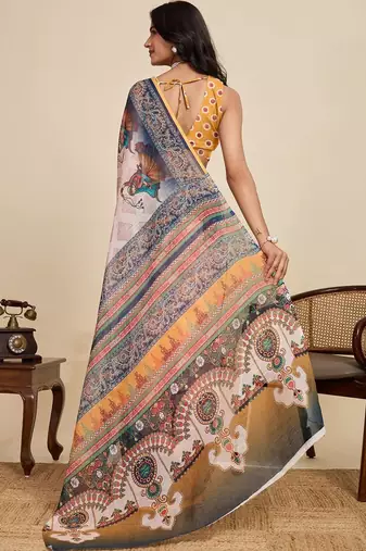 Off white linen printed saree with blouse