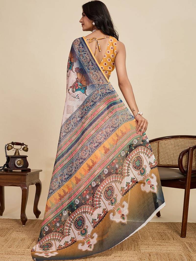 Off white linen printed saree with blouse