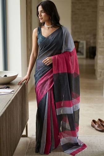 Pink linen striped saree with blouse