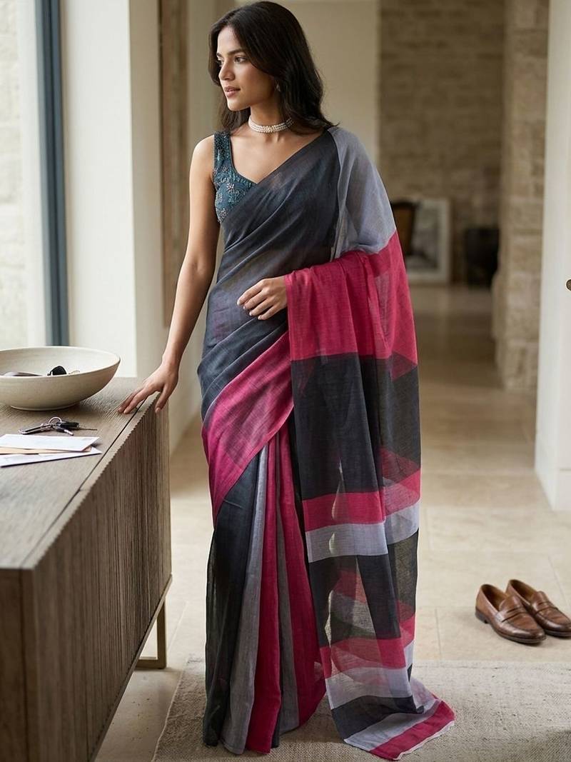 Pink linen striped saree with blouse