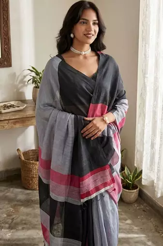 Pink linen striped saree with blouse