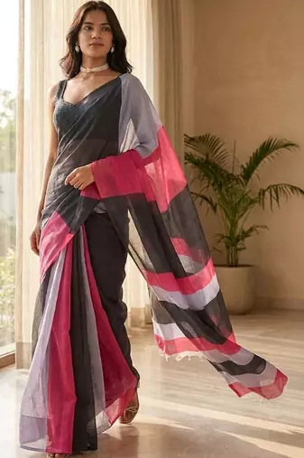 Pink linen striped saree with blouse