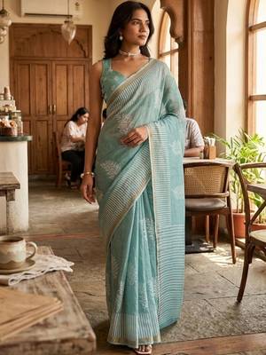 Turquoise linen printed saree with blouse 1