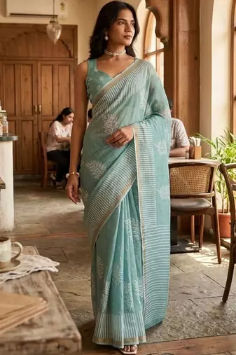 Turquoise linen printed saree with blouse