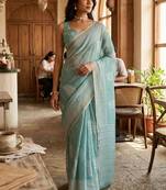 Turquoise linen printed saree with blouse