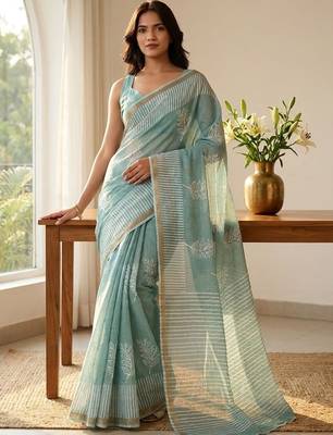 Turquoise linen printed saree with blouse 2
