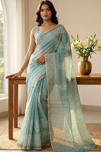 Turquoise linen printed saree with blouse