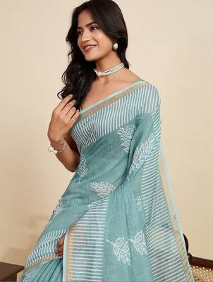 Turquoise linen printed saree with blouse 3