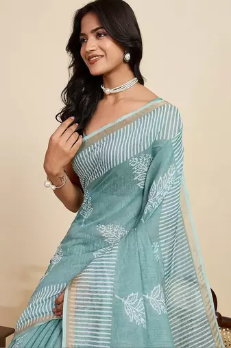 Turquoise linen printed saree with blouse