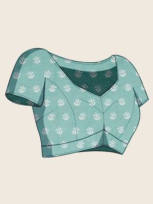 Turquoise linen printed saree with blouse 4