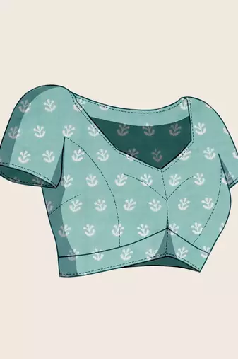Turquoise linen printed saree with blouse