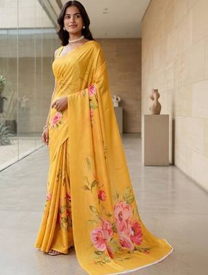 Yellow silk blend printed saree with blouse 1