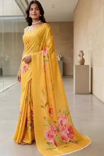 Yellow silk blend printed saree with blouse