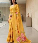 Yellow silk blend printed saree with blouse