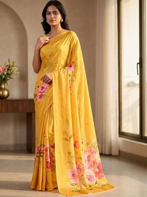Yellow silk blend printed saree with blouse 2