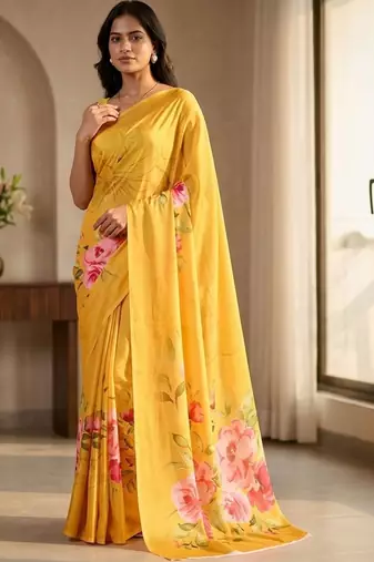 Yellow silk blend printed saree with blouse