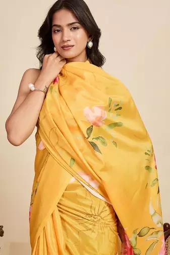 Yellow silk blend printed saree with blouse