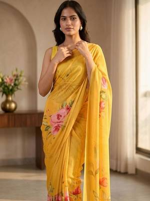 Yellow silk blend printed saree with blouse 5