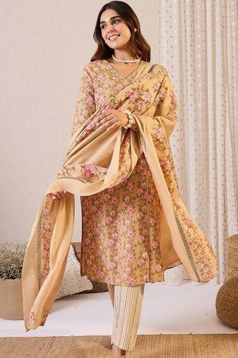 Floral Printed Straight Pure Cotton Kurta With Trousers & Dupatta