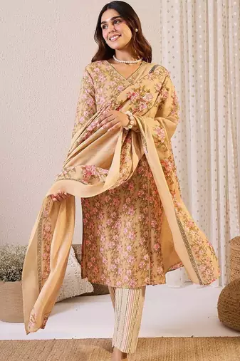 Floral Printed Straight Pure Cotton Kurta With Trousers & Dupatta