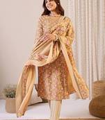 Floral Printed Straight Pure Cotton Kurta With Trousers & Dupatta