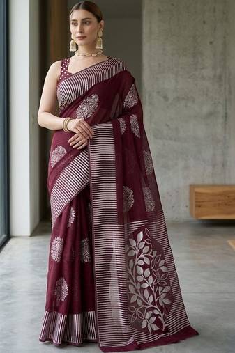 Maroon silk blend printed saree with blouse