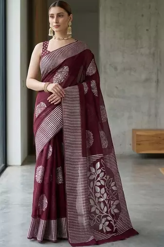 Maroon silk blend printed saree with blouse