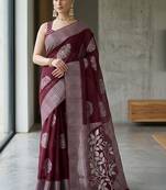 Maroon silk blend printed saree with blouse