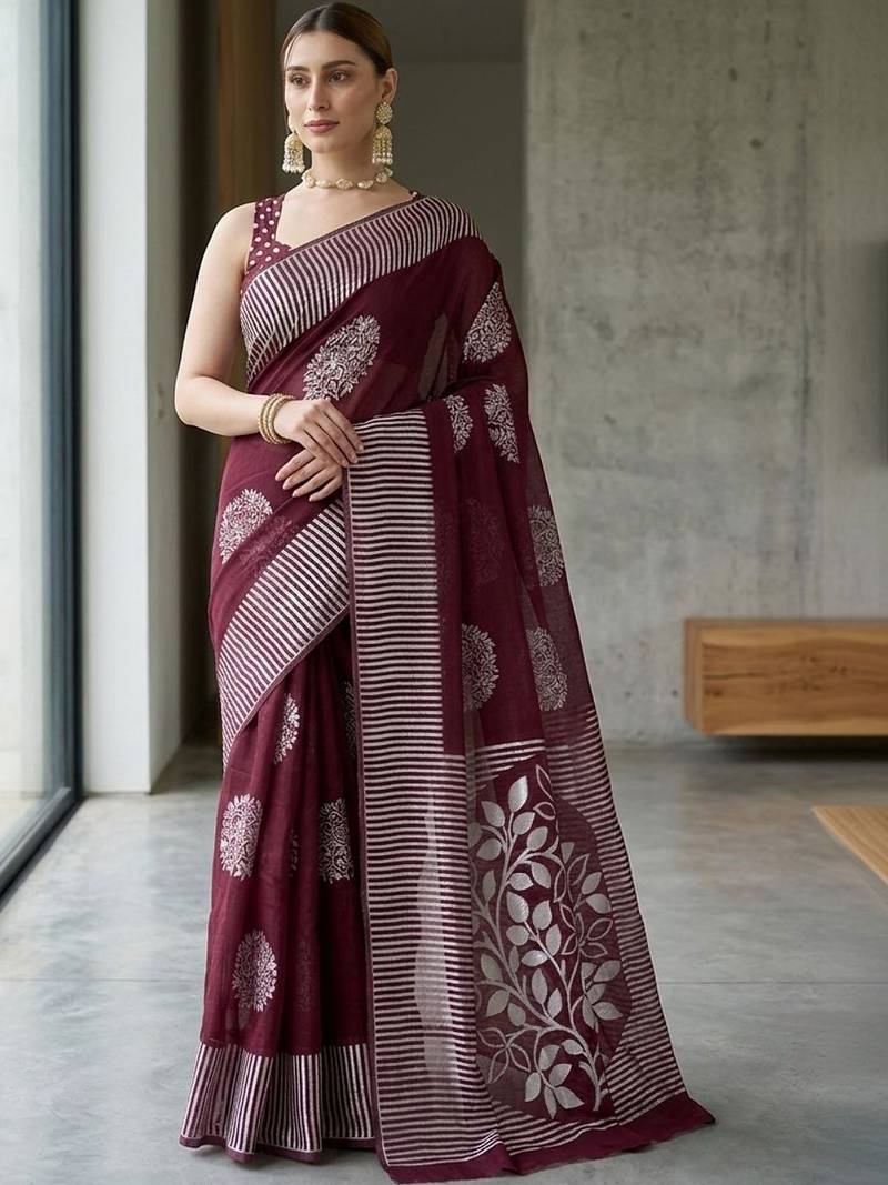 Maroon silk blend printed saree with blouse
