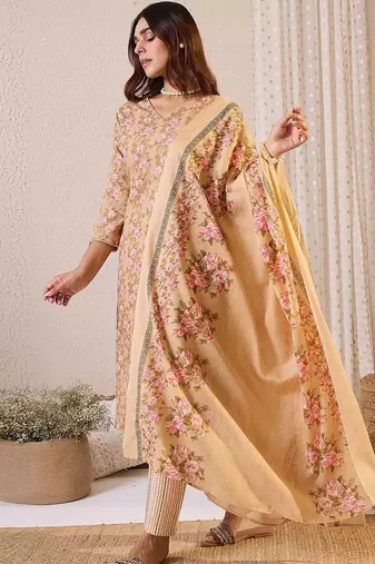 Floral Printed Straight Pure Cotton Kurta With Trousers & Dupatta