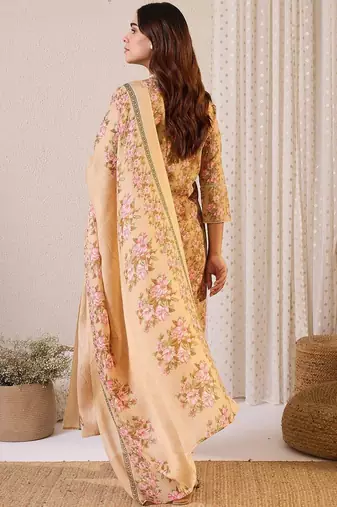 Floral Printed Straight Pure Cotton Kurta With Trousers & Dupatta