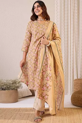 Floral Printed Straight Pure Cotton Kurta With Trousers & Dupatta