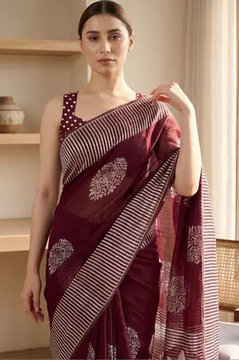 Maroon silk blend printed saree with blouse