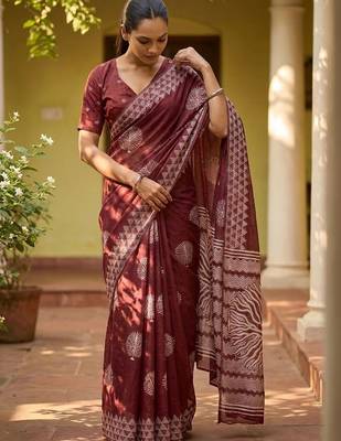 Maroon silk blend printed saree with blouse 3