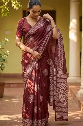 Maroon silk blend printed saree with blouse