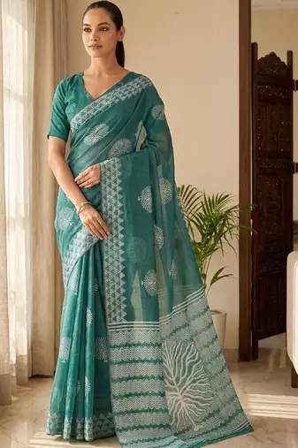 Teal silk blend printed saree with blouse