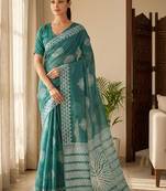 Teal silk blend printed saree with blouse