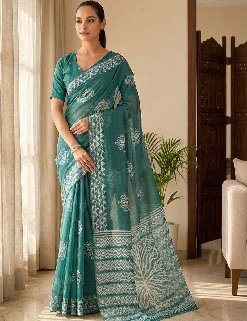 Teal silk blend printed saree with blouse
