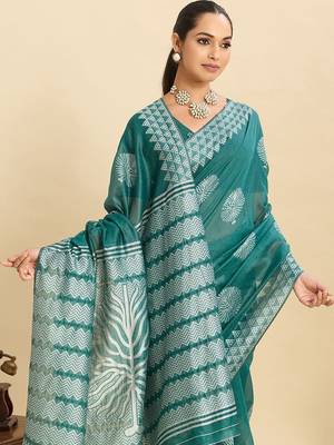 Teal silk blend printed saree with blouse 2
