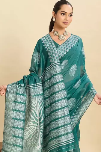 Teal silk blend printed saree with blouse
