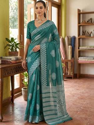 Teal silk blend printed saree with blouse 3
