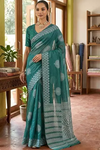 Teal silk blend printed saree with blouse