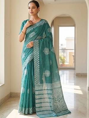 Teal silk blend printed saree with blouse 5